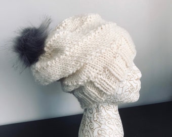 Hat hand knit ivory - wool beanie faux fur pompom