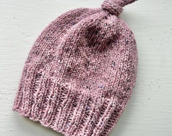 Baby hat beanie hand knit, purple, heather wool tweed, size 3-6 months