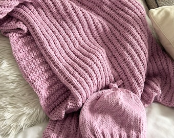 Wool baby blanket and hat set, handknit, handmade