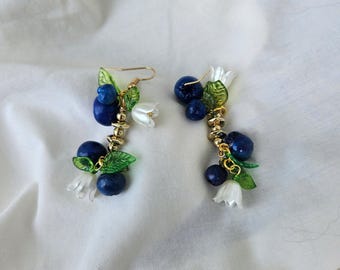 Blueberry Earrings with White Flowers. Whimsical Botanical Earrings. Oven Bake Clay. Handmade & Unique.