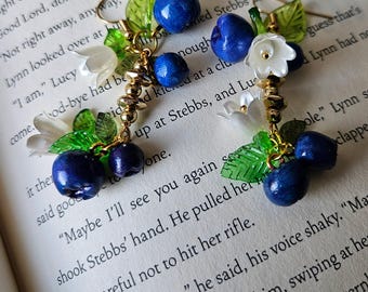 Blueberry Earrings with White Flowers. Whimsical Botanical Earrings. Oven Bake Clay. Handmade & Unique.
