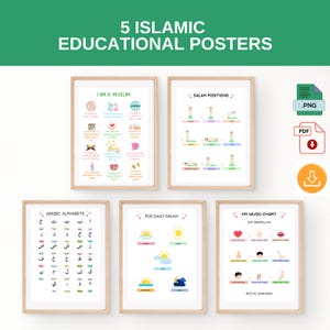 イスラム教教育ポスター5枚セット、子供向けアラビア語学習、ウドゥ・サラートチャート（PDFダウンロード）