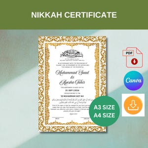Redigerbart guld islamiskt Nikkah-certifikat, islamiskt vigselbevis, utskrivbara Deen-material
