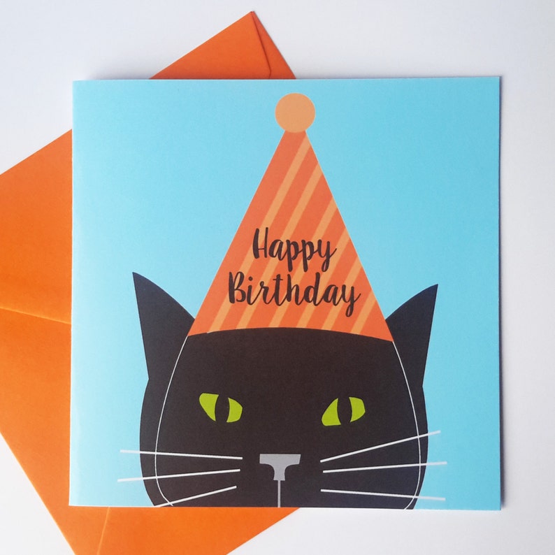 Black Cat Birthday Card Black Cat With Party Hat Etsy