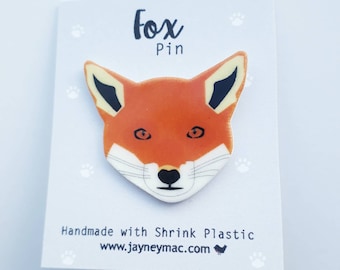Fox pin, shrink plastic fox face pin brooch