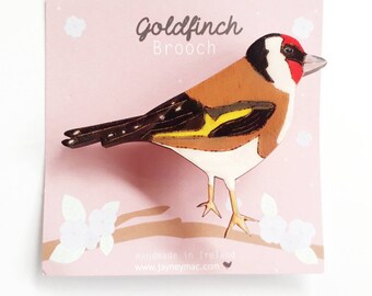 Goldfinch bird brooch, handpainted wooden bird brooch