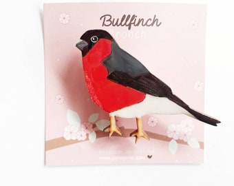 Bullfinch bird brooch, handpainted wooden bird brooch