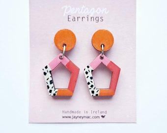 Dangle earrings, pentagon patterned pink and orange earrings