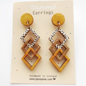 Dangle earrings, diamond shaped handpainted wooden glitter dangle earrings