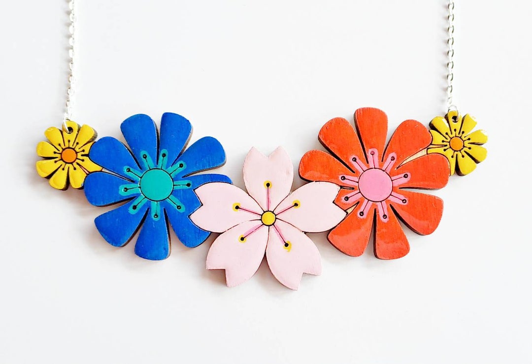 Flower Necklace Hand Painted Colourful Lasercut Wooden Etsy