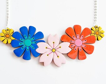 Flower necklace, hand painted colourful lasercut wooden statement necklace