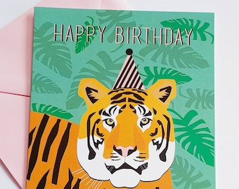 Tiger Birthday Card- Tiger in a party hat birthday card