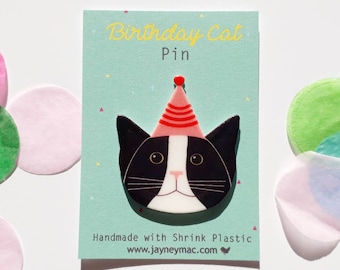 Birthday cat pin, black cat, black and white cat in birthday hat pin