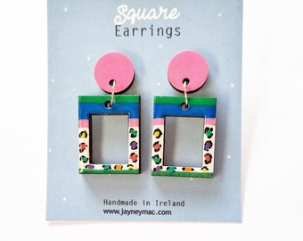 Animal print wooden earrings, square animal print colourful earrings