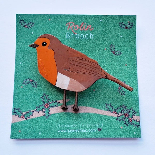 Robin bird brooch, handpainted wooden bird brooch