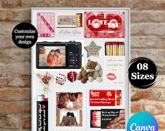 Modello di poster per scatole di fiammiferi, regalo da parete personalizzato modificabile per l'anniversario su Canva, regalo di compleanno per il fidanzato, regali per lui e per lei, stampe da parete con collage