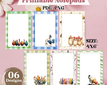 Pacchetto di blocchetti per appunti stampabili con galline, blocchetto per appunti in stile rustico, simpatici modelli di cancelleria con galline, download digitale, modelli stampabili