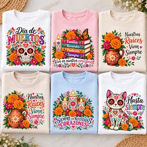 May include: Six crewneck sweatshirts featuring colorful Dia de los Muertos designs. Graphics include a sugar skull, stacked books with flowers, a vase of marigolds, candles, and a cat with floral patterns, all with Spanish text and vibrant floral motifs.