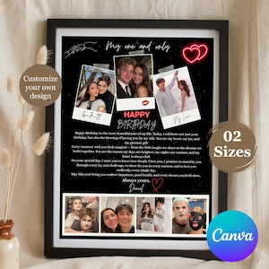 May include: Black framed print with photos, text, and a heart design. The print includes the text "My one and only," "Happy Birthday," and "My Love." It also features the text "Customize your own design" and "02 Sizes."