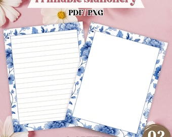 Set di cancelleria con motivo floreale blu Toile, pacchetto di carta da scrittura stampabile, blocco note elegante, modelli stampabili, download digitale,