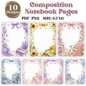 May include: A digital collection of 10 composition notebook pages in 8.5"x11" size, featuring floral and school-themed borders with bows, butterflies, books, and stationery items in various color palettes including purple, yellow, and pink.