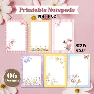 Pode incluir: Blocos de notas imprimíveis com seis designs diferentes, cada um com interior branco e uma borda decorativa. As bordas incluem borboletas, flores e padrões xadrez. Os blocos de notas medem 10,16 x 15,24 cm.