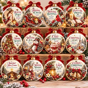 May include: A set of twelve round ceramic Christmas ornaments, each featuring a unique holiday illustration, text, and a red ribbon bow at the top. The designs include scenes of angels, snowmen, reindeer, nativity, and festive winter motifs.