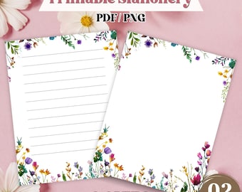 Set di articoli di cancelleria stampabili con fiori selvatici, blocco note con carta da lettere carina, pagine di cancelleria floreali, modelli stampabili, download digitale,