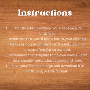 Peut inclure: Image avec le mot "Instructions" en blanc. Le texte d&eacute;crit quatre &eacute;tapes : t&eacute;l&eacute;charger un PDF, trouver un lien vers un mod&egrave;le Canva, personnaliser le mod&egrave;le et enregistrer la conception au format PDF, JPG ou PNG.