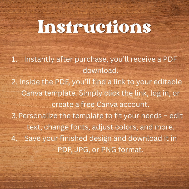 Peut inclure: Image avec le mot "Instructions" en blanc. Le texte d&eacute;crit quatre &eacute;tapes : t&eacute;l&eacute;charger un PDF, trouver un lien vers un mod&egrave;le Canva, personnaliser le mod&egrave;le et enregistrer la conception au format PDF, JPG ou PNG.