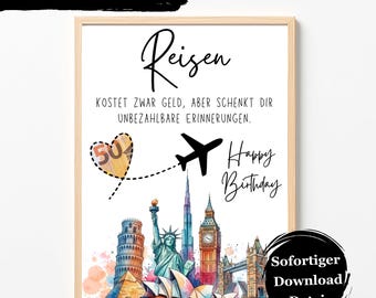 Geldgeschenk Reise Geburtstag Vorlage / Reisegutschein PDF / Urlaub Geldgeschenk / Sofort Download / DIY Geschenkidee Reise