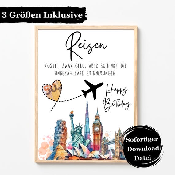 Geldgeschenk Reise Geburtstag Vorlage | Reisegutschein PDF | Urlaub Geldgeschenk | Sofort Download | DIY Geschenkidee Reise