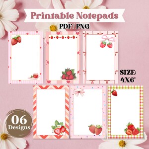 Puede incluir: Blocs de notas imprimibles con diseños de fresas. Los blocs de notas miden 10x15 cm y presentan varios bordes rosas con ilustraciones de fresas. La imagen incluye el texto "Printable Notepads PDF/PNG" y "06 Designs".