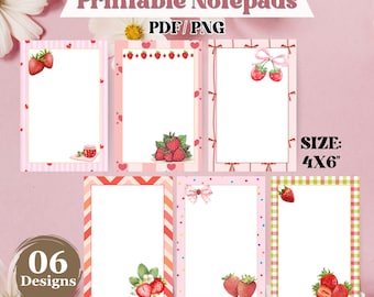Set di blocchetti per appunti con fragole, modello stampabile di blocco note con fragole carine, pagine di cancelleria per agenda con note a tema fragole rosa, download digitale