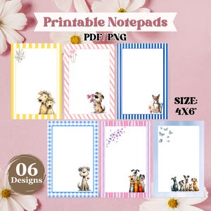 Pode incluir: Blocos de notas imprimíveis em formato PDF/PNG, com seis designs exclusivos. Cada bloco de notas tem 10x15 cm e apresenta adoráveis ilustrações de cães com bordas florais e estampadas em amarelo, rosa, azul e xadrez.