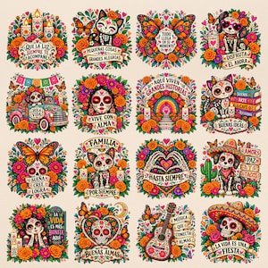 May include: A collection of sixteen colorful illustrations featuring Day of the Dead themes, including sugar skulls, cats, dogs, butterflies, guitars, and marigold flowers, with various Spanish phrases like 'Hola Vida' and 'Familia' integrated into the designs.
