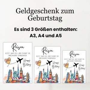May include: Three travel-themed birthday gift prints in A3, A4, and A5 sizes. Each print features the word "Reisen" and the text "Happy Birthday", along with a plane, a heart with the number 50, and famous landmarks.