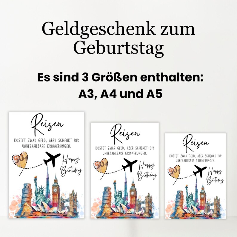 May include: Three travel-themed birthday gift prints in A3, A4, and A5 sizes. Each print features the word "Reisen" and the text "Happy Birthday", along with a plane, a heart with the number 50, and famous landmarks.