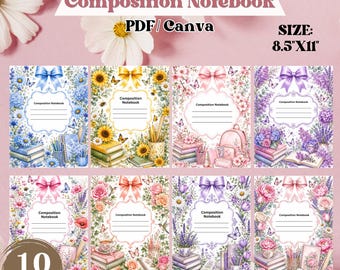 Canva Editable Floral Composition Notebook Cover, Printable School Notebook Cover Template, Cute Flower Journal Cover, Digital Download