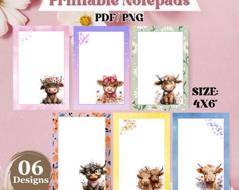 Bundle de bloc-notes vaches des Highlands, modèle imprimable de bloc-notes vache, pack de pages de planificateur de notes de ferme mignon, téléchargement numérique, modèles imprimables
