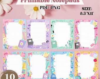 Pacchetto di fogli per appunti Preppy in formato PNG, blocco note scolastico stampabile e carino, carta memo colorata, pacchetto di cancelleria digitale, download digitale,
