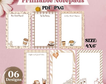 Könnte beinhalten: Sechs druckbare Notizblöcke mit Kaffeemotiven. Jeder Notizblock hat ein weißes Innere mit dekorativen Rändern und Kaffeeillustrationen. Die Notizblöcke sind 10,16 x 15,24 cm groß und enthalten den Text "Printable Notepads" und "PDF/PNG".