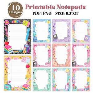 Op de afbeelding: Een set van 10 printbare notitieblokken in PDF- en PNG-formaat, elk 21,59 cm bij 27,94 cm groot. Het briefpapier bevat gelinieerd papier met kleurrijke randen versierd met schoolspullen, bloemen, strikjes en smiley-pictogrammen.