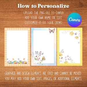 Peut inclure: Trois mod&egrave;les de papeterie avec des motifs floraux et de papillons. Chaque mod&egrave;le a un centre blanc avec une bordure d&eacute;corative. Le texte "How to Personalize" et les instructions sont en haut. Le logo Canva est visible.