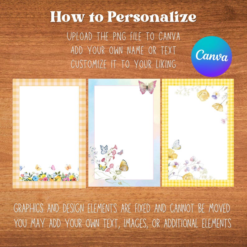 Peut inclure: Trois mod&egrave;les de papeterie avec des motifs floraux et de papillons. Chaque mod&egrave;le a un centre blanc avec une bordure d&eacute;corative. Le texte "How to Personalize" et les instructions sont en haut. Le logo Canva est visible.