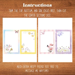 Peut inclure: Quatre mod&egrave;les de papeterie d&eacute;coratifs avec des illustrations florales et de papillons. Les motifs pr&eacute;sentent des bordures pastel en bleu, jaune, rose et violet. Le texte en haut indique "Instructions". Le texte en bas indique "Besoin d'aide ? N'h&eacute;sitez pas &agrave; me contacter !"