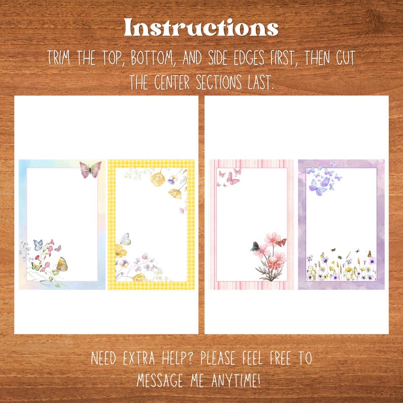 Peut inclure: Quatre mod&egrave;les de papeterie d&eacute;coratifs avec des illustrations florales et de papillons. Les motifs pr&eacute;sentent des bordures pastel en bleu, jaune, rose et violet. Le texte en haut indique "Instructions". Le texte en bas indique "Besoin d'aide ? N'h&eacute;sitez pas &agrave; me contacter !"