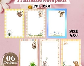 Blocco note stampabile con bradipo, modello di blocco note con simpatici animali, pagine di cancelleria Kawaii per agenda, modelli stampabili, download digitale.