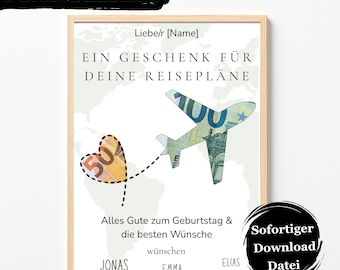Geldgeschenk Reise Geburtstag Vorlage / Reisegutschein PDF / Urlaub Geldgeschenk / Sofort Download / DIY Geschenkidee Reise