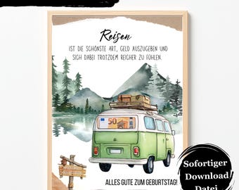 Geldgeschenk Reise Geburtstag, Reisekasse Urlaub, personalisierbares Geschenk, Van Camper Camping, Last Minute Download A4 A5 US Letter
